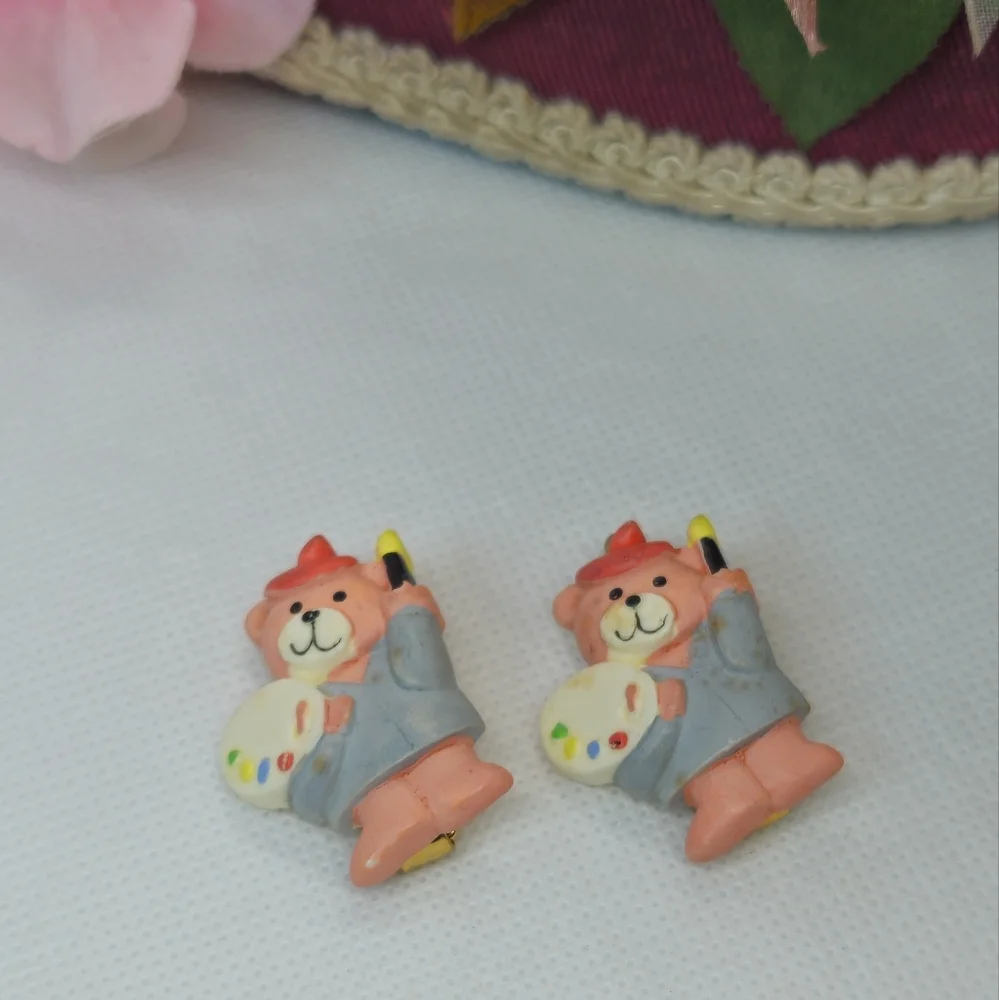 2 Vintage Pink Painter Artist Bear Hair Barrettes Tready Bear Hair Clips